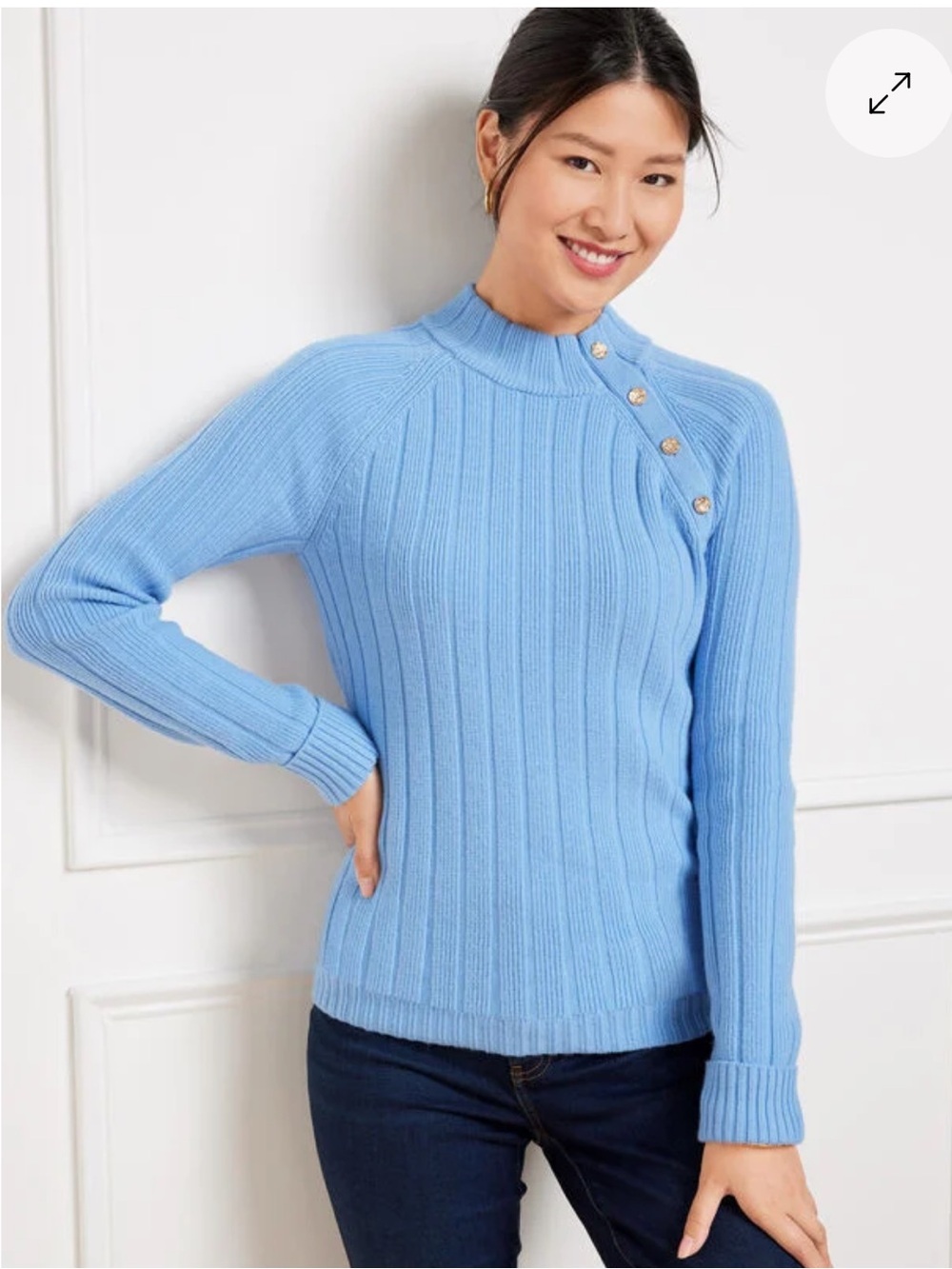 Talbots Ribbed Button Mock Neck Blue Sweater Women’s Size Medium